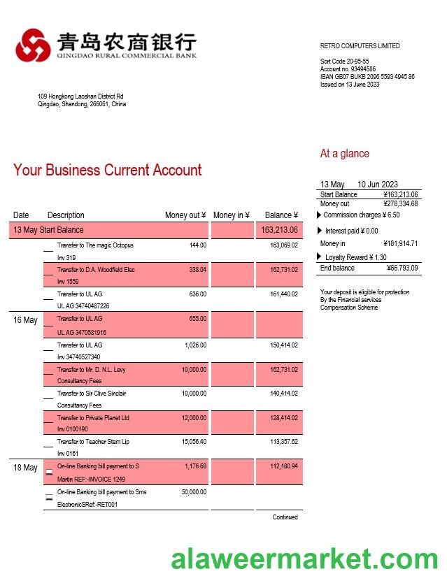 Qingdao Rural Commercial Bank organization account statement Word and PDF template